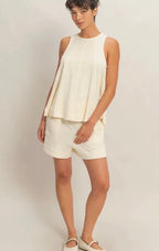 Sleeveless Round Neck Top & shorts Set- Cream