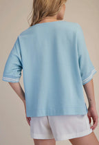 Sky Blue Round Neck Sleeve Trim Band Top
