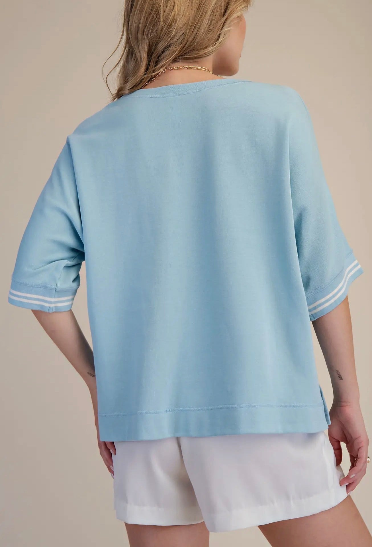 Sky Blue Round Neck Sleeve Trim Band Top