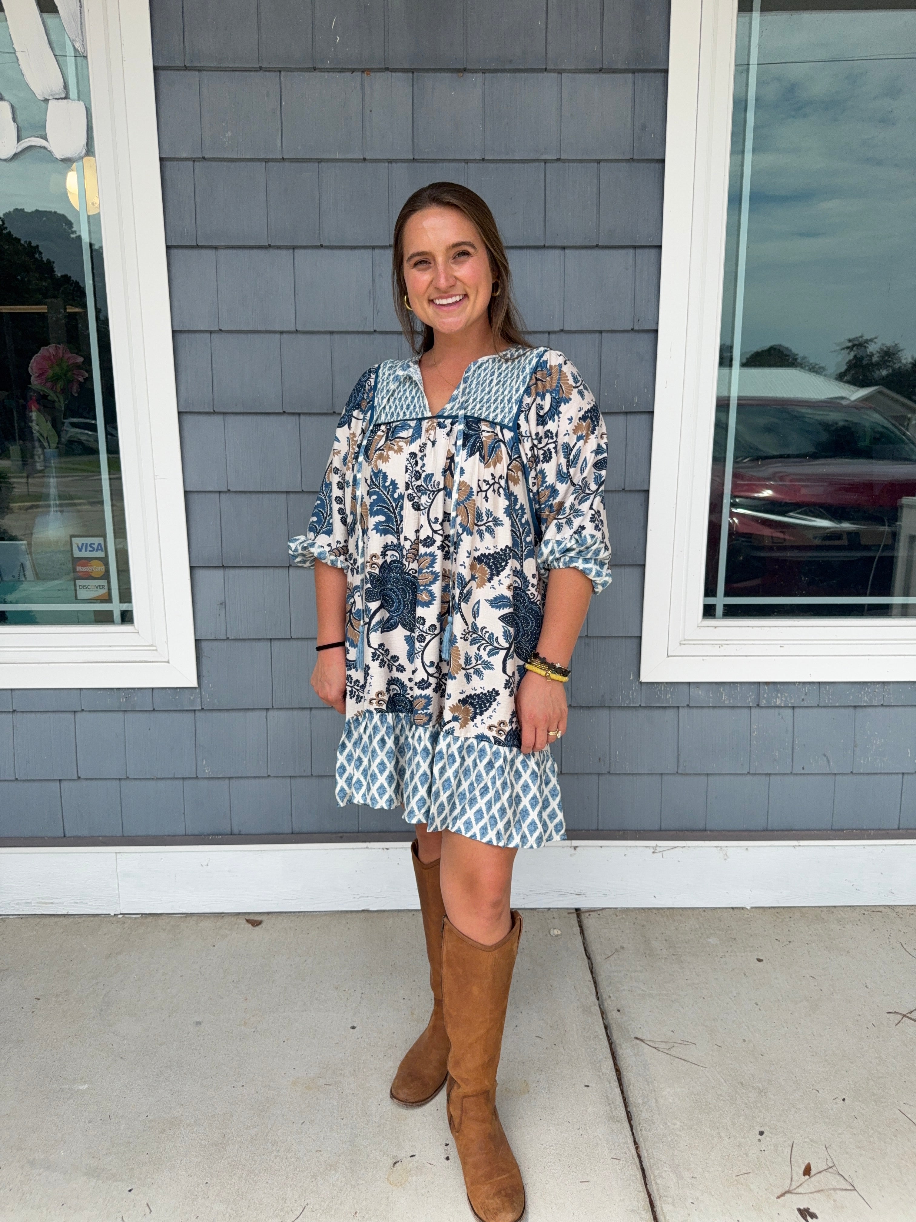 Blue Mixed Print Mini Dress
