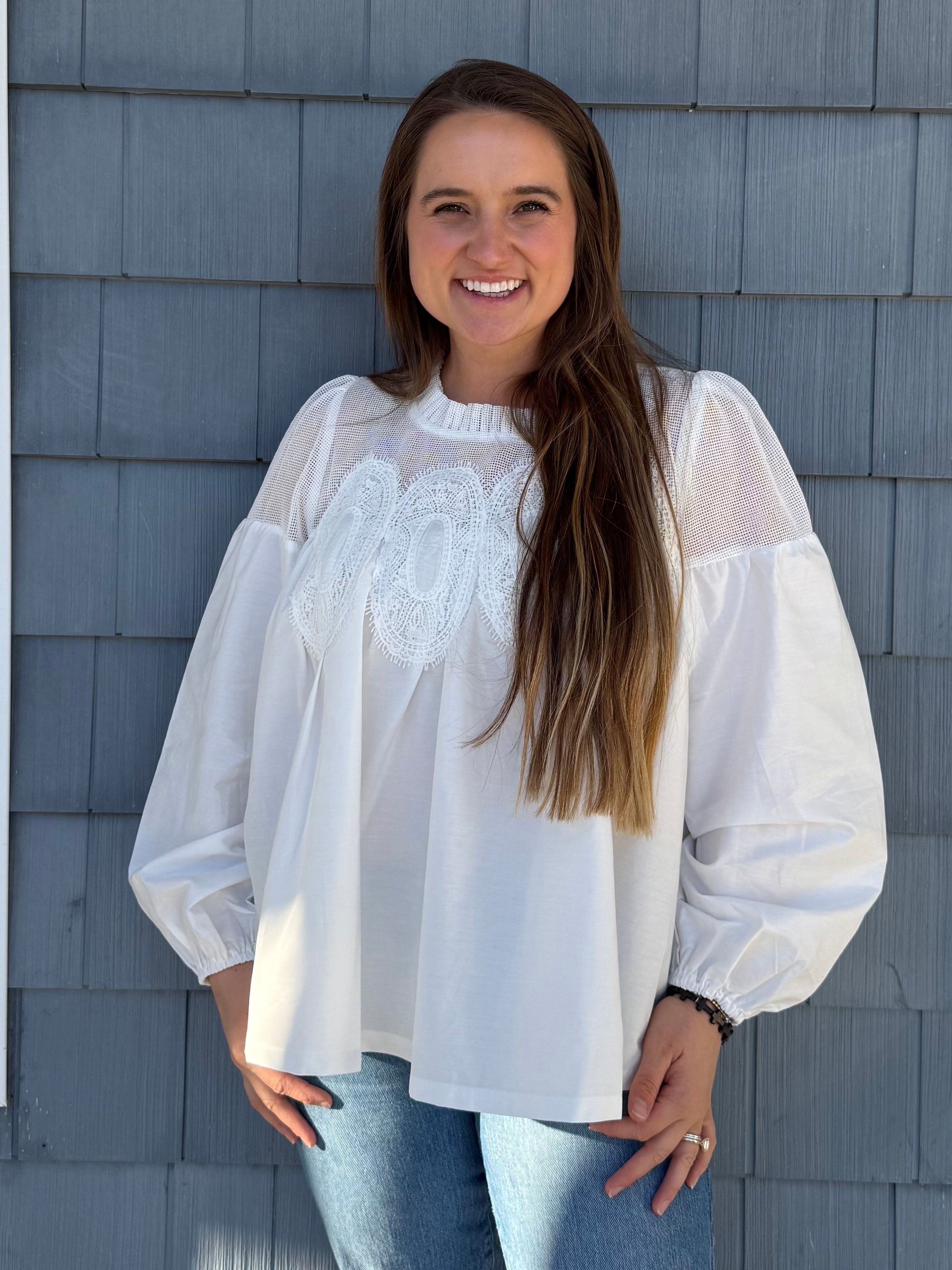 Lace Appliqué Mixed Media LS Blouse White