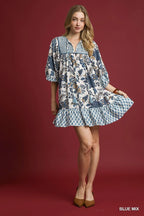 Blue Mixed Print Mini Dress