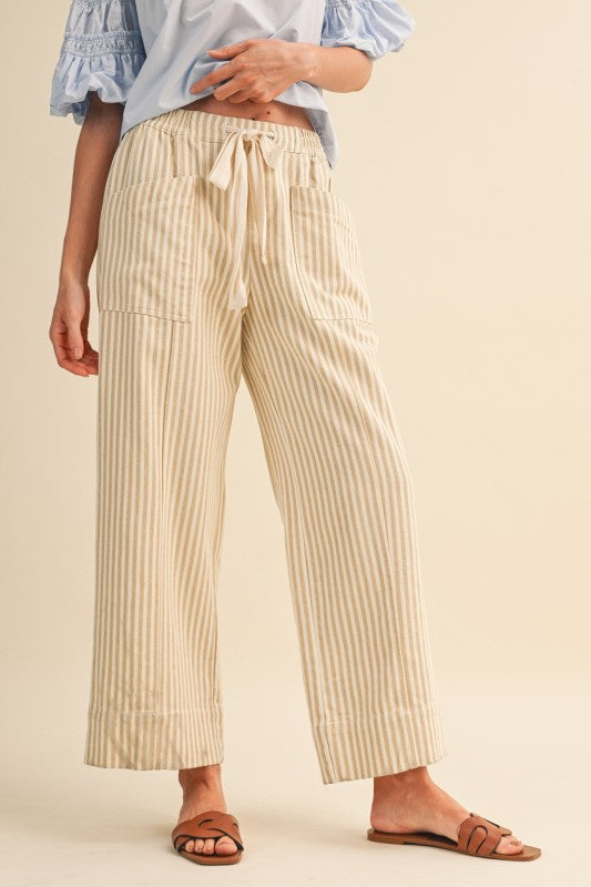 Taupe Natural Stripe Wide Leg Drawstring Pants