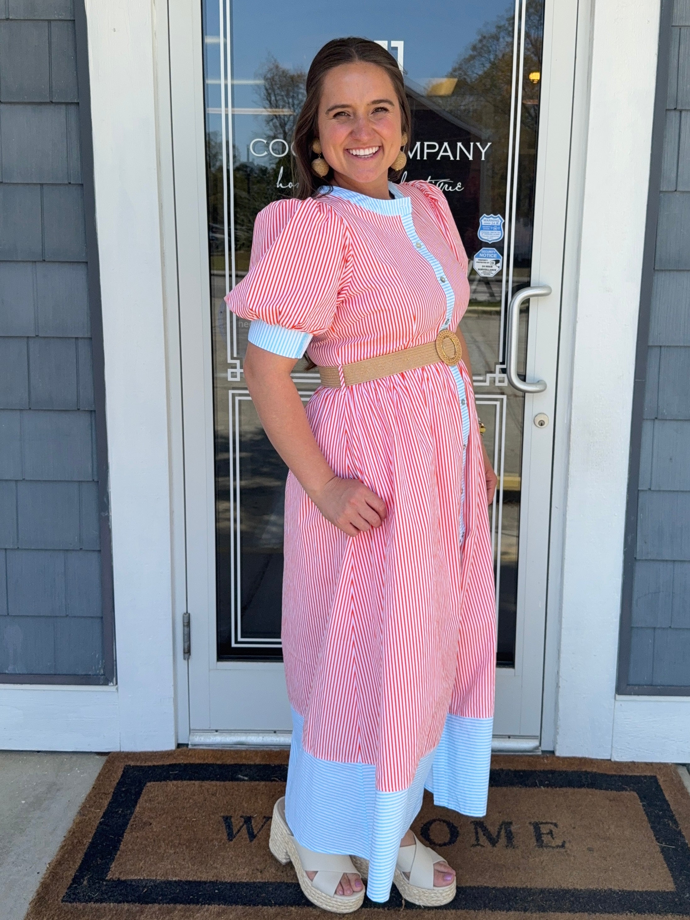 Orange & Blue Stripe Midi Dress w/ Belt