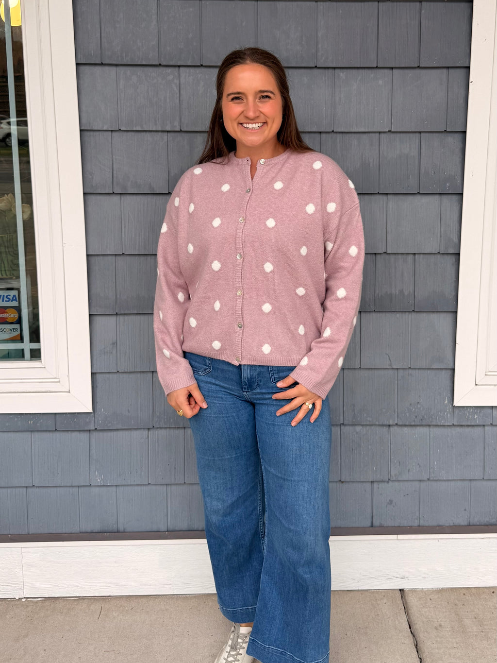 Pink Polka Dot Button Up Sweater