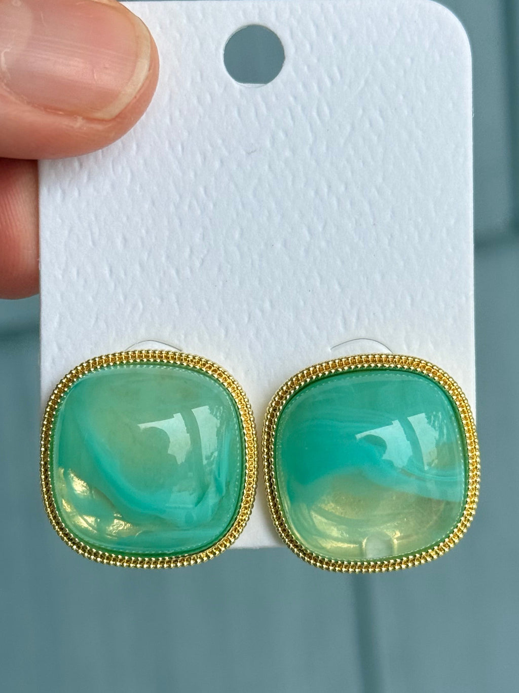 Mint Gold Marble Square Stone Earrings