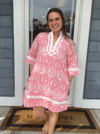 Pink Botanical 3/5 Sleeve Mini Dress