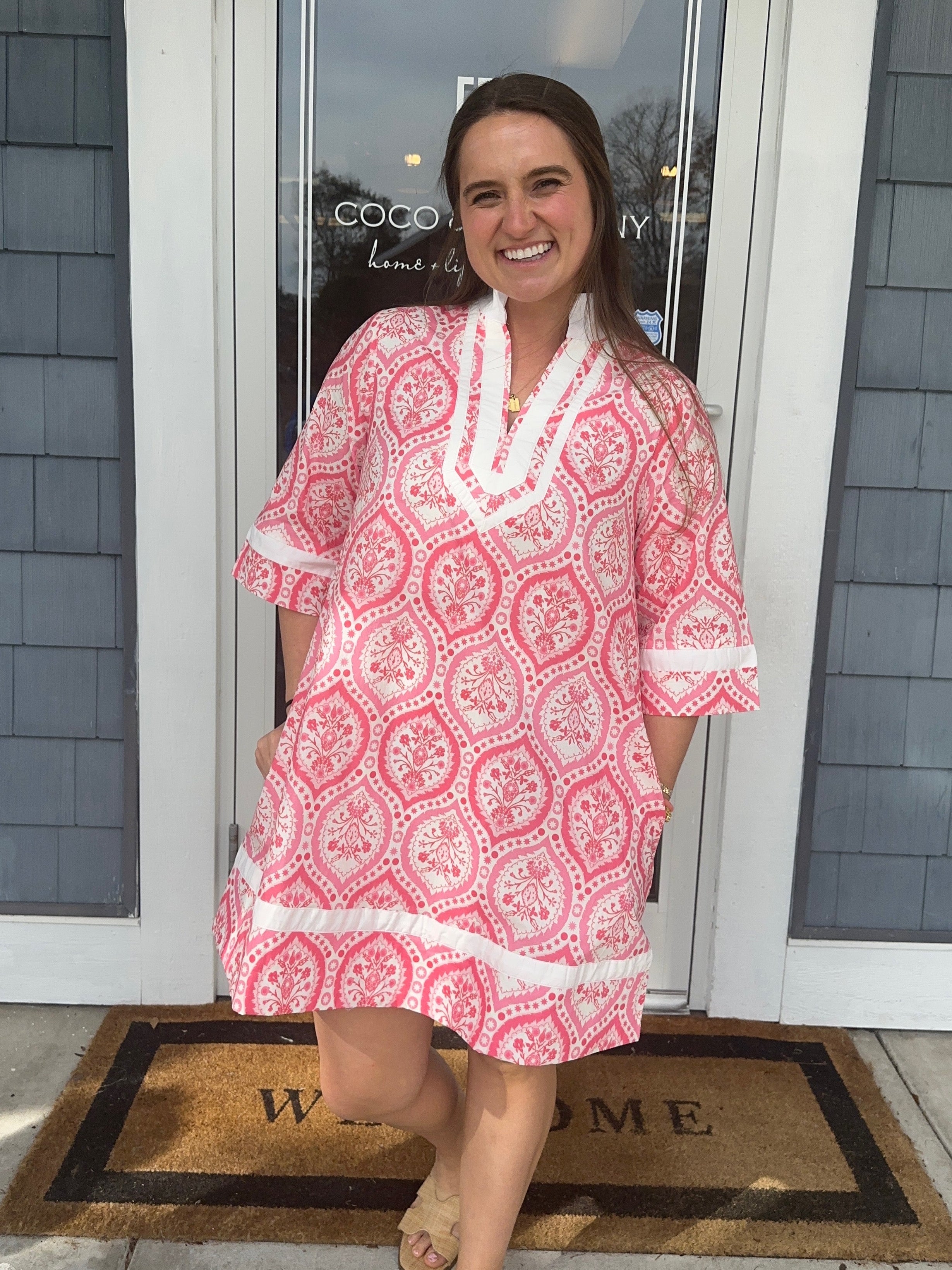 Pink Botanical 3/5 Sleeve Mini Dress