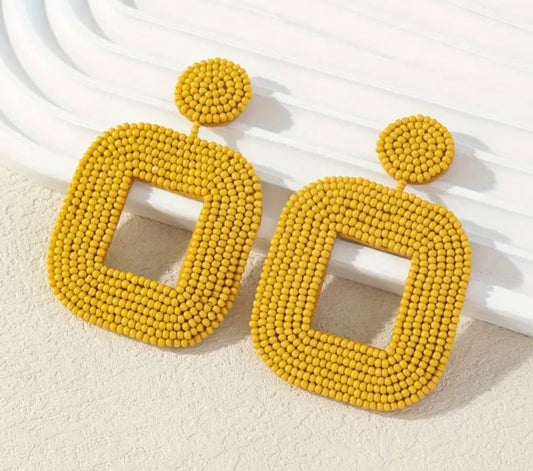 Handmade Woven Square Beaded Earrings- Yellow
