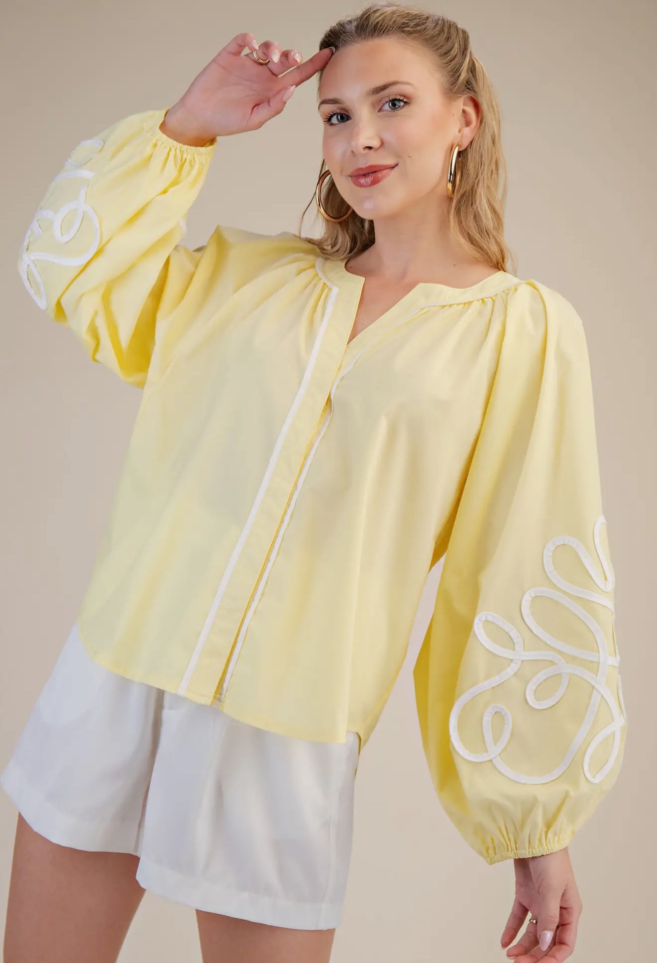 Butter Yellow Soutache Contrast Detail Puff Sleeve Top