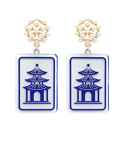 Blue Mahjong Pagoda Drop Earrings