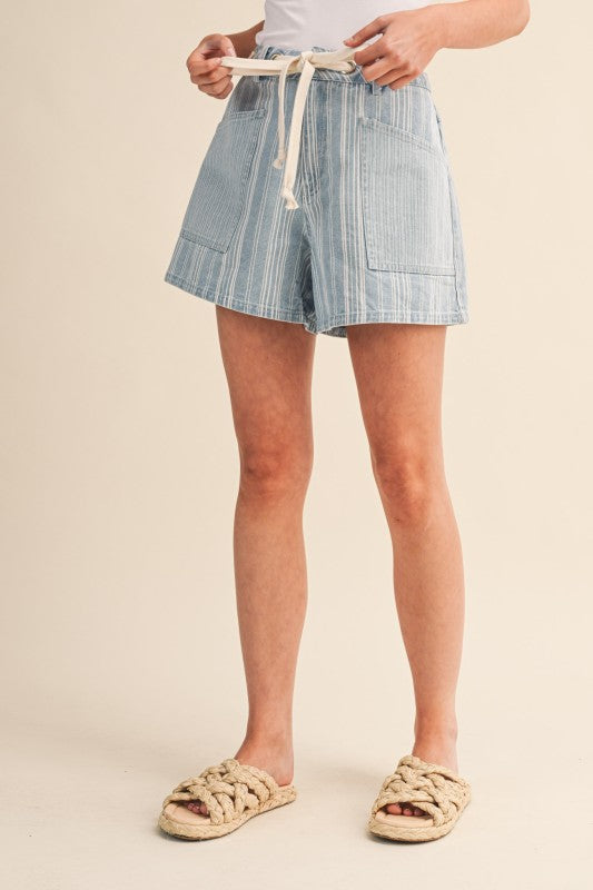 Mixed Stripe Light Denim Drawstring Shorts: SHIPS OF PICKUP 5/28/26