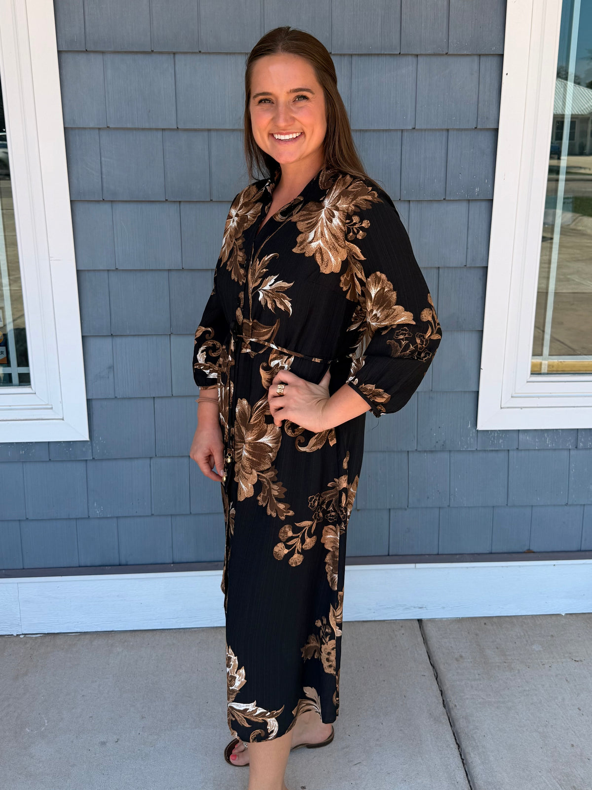 Fall Floral Black & Brown Self Tie Midi Dress