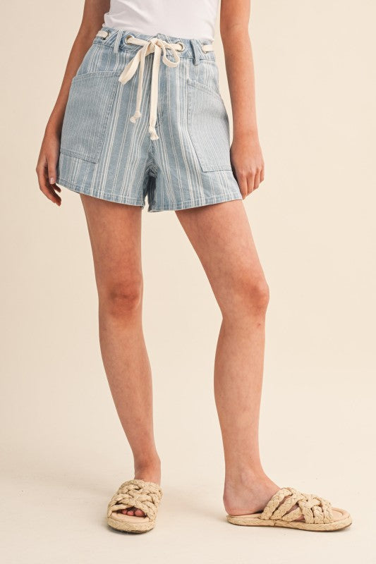 Mixed Stripe Light Denim Drawstring Shorts: SHIPS OF PICKUP 5/28/26