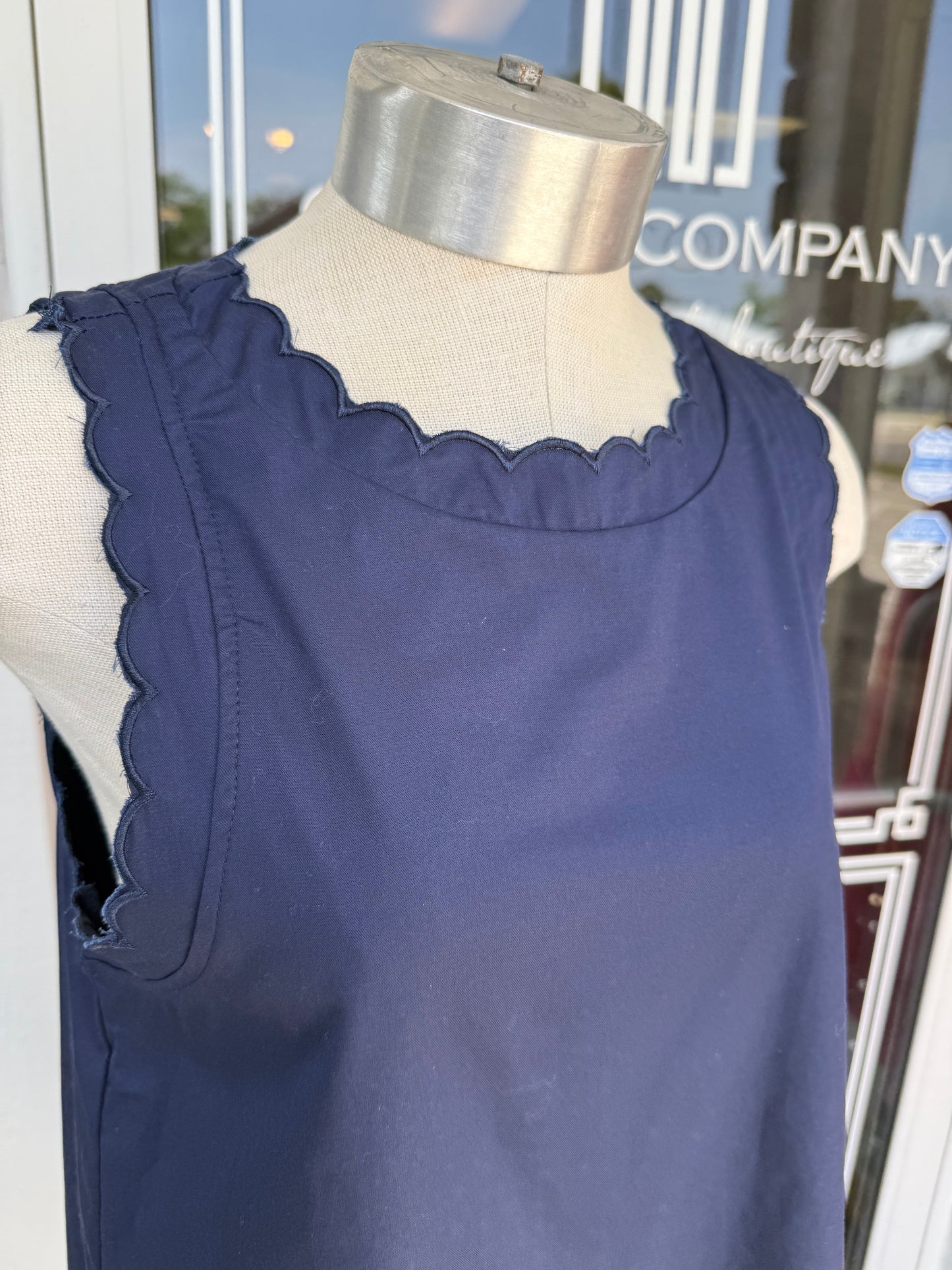 Navy Scalloped Detail Round Neck Dress