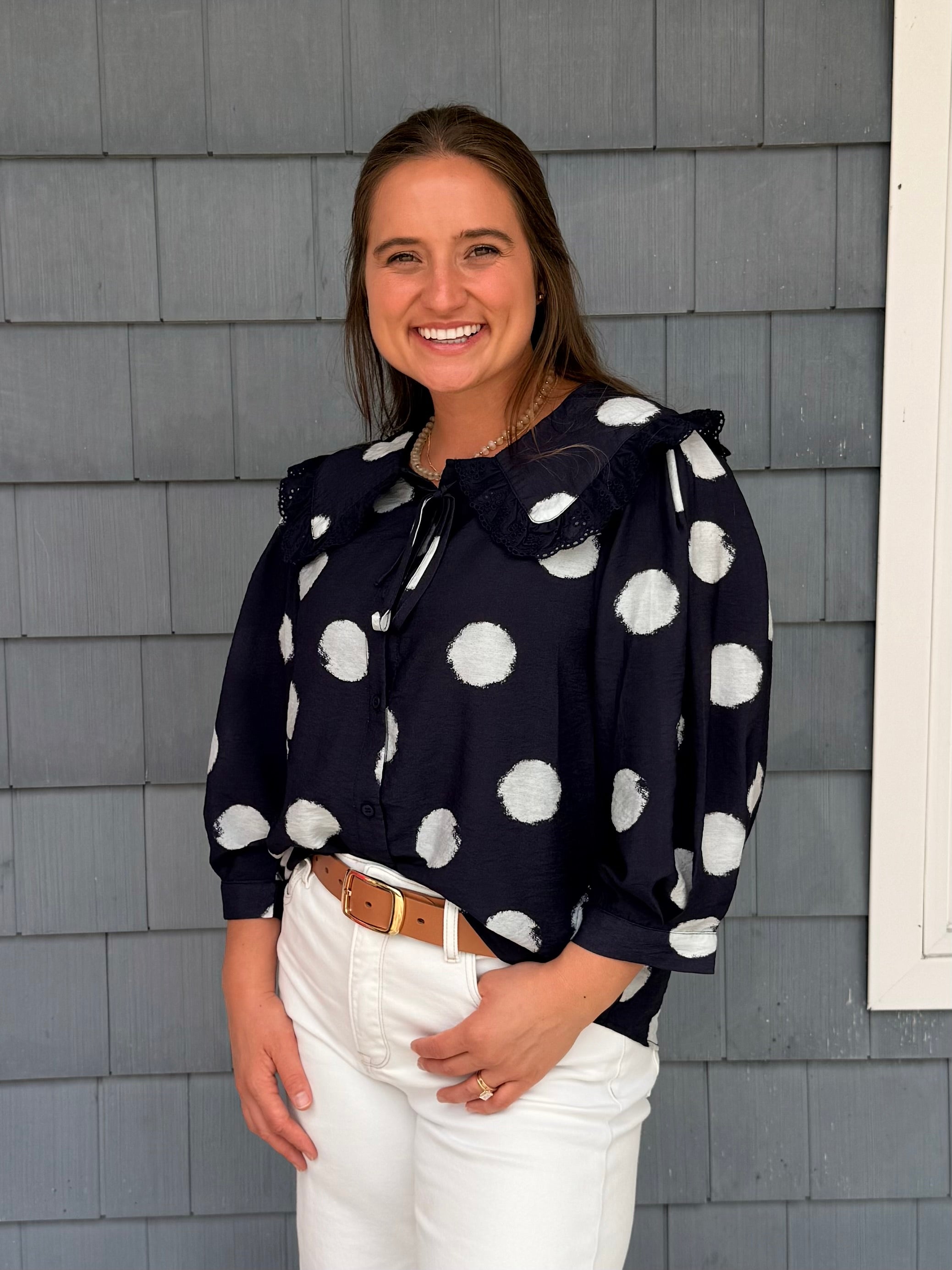 Navy Collared Polka Dot Top
