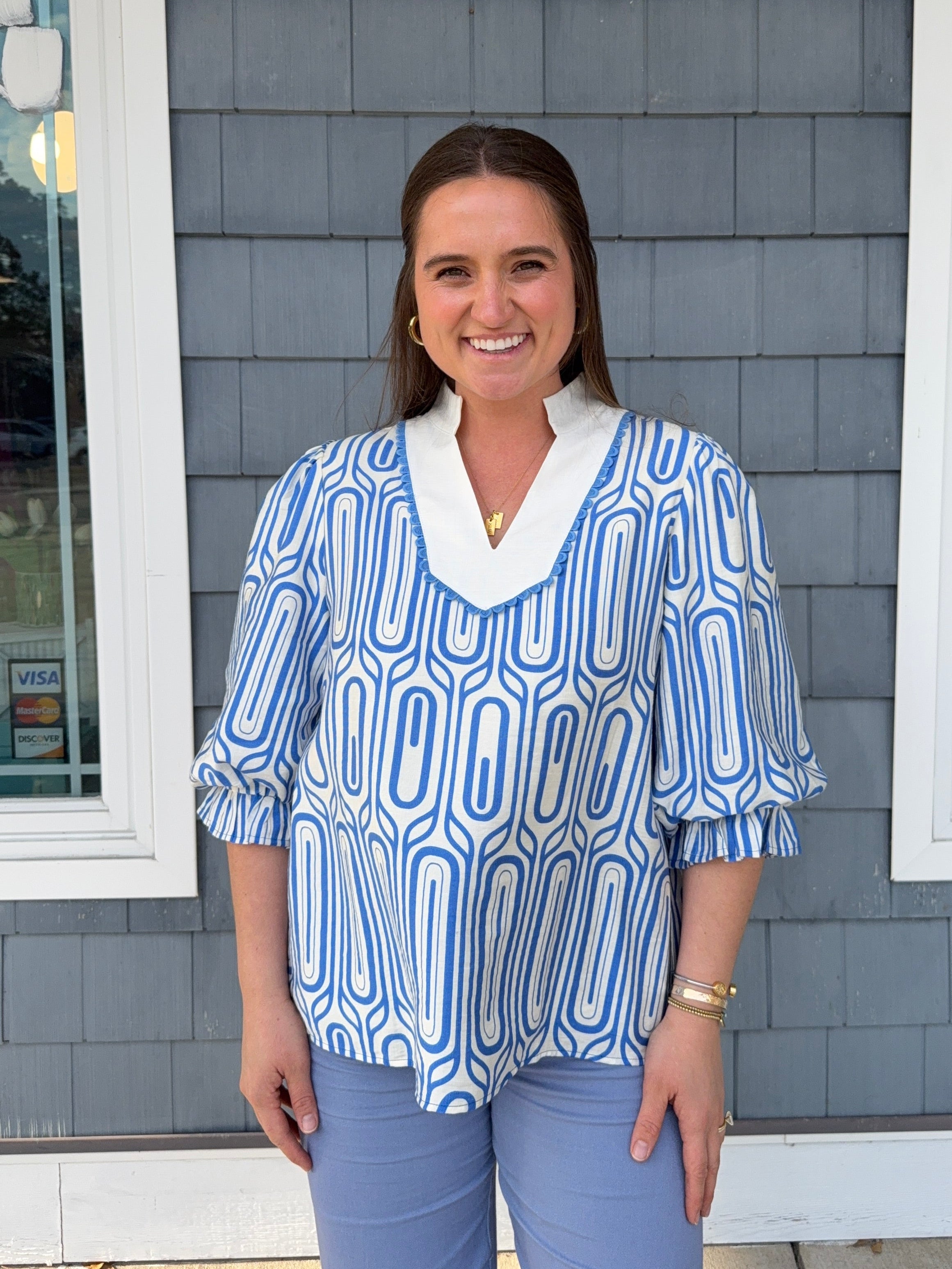 Blue Scallop Trim Geo Print Top