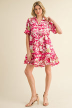 Fuchsia Floral Notched Collared Dress