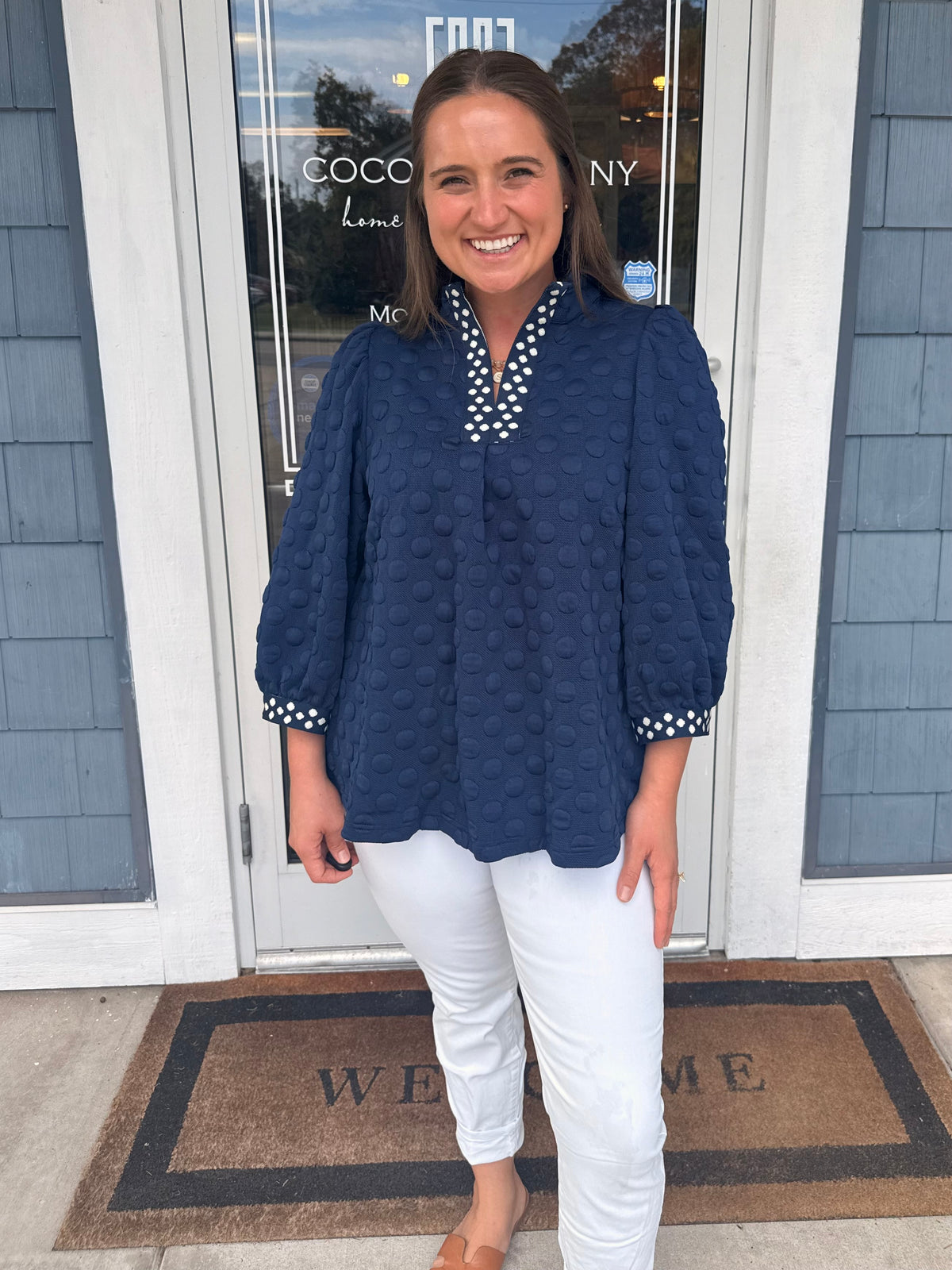 Navy Jacquard Polka Dot Contrast Trim Top