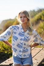 Blue Button Down 3/4 Balloon Sleeve Top