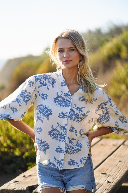 Blue Button Down 3/4 Balloon Sleeve Top