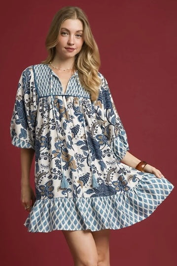 Blue Mixed Print Mini Dress