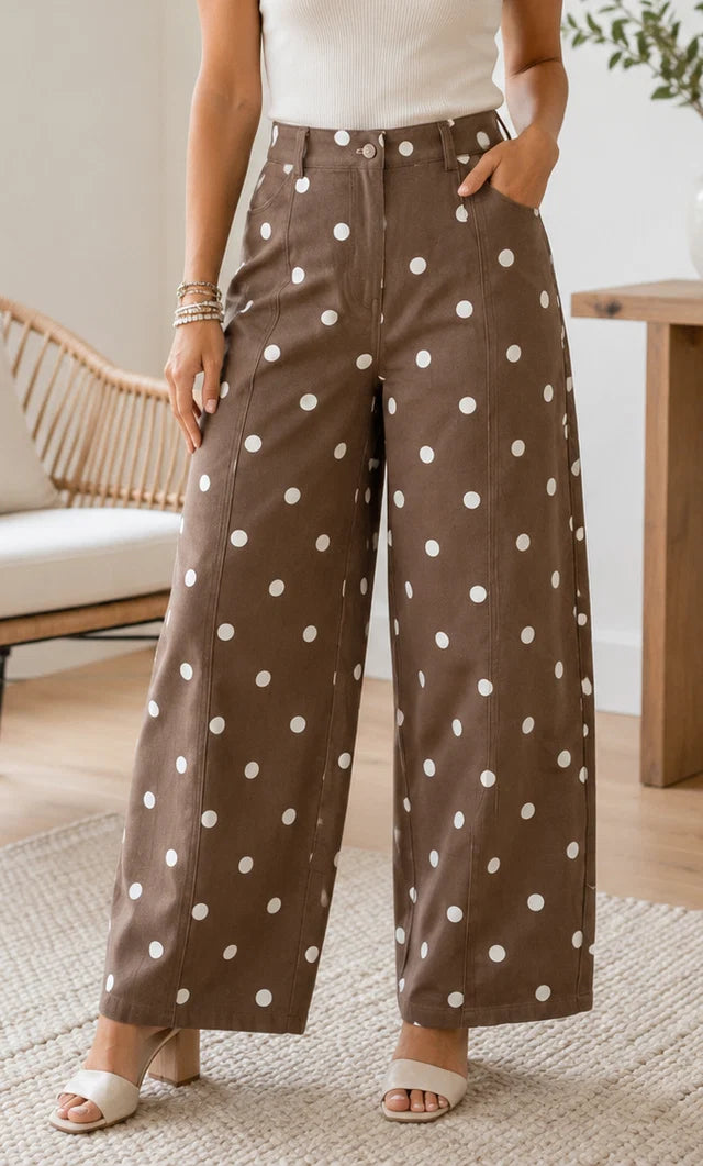 PREORDER: Brown Polka Dot Barrel Jeans