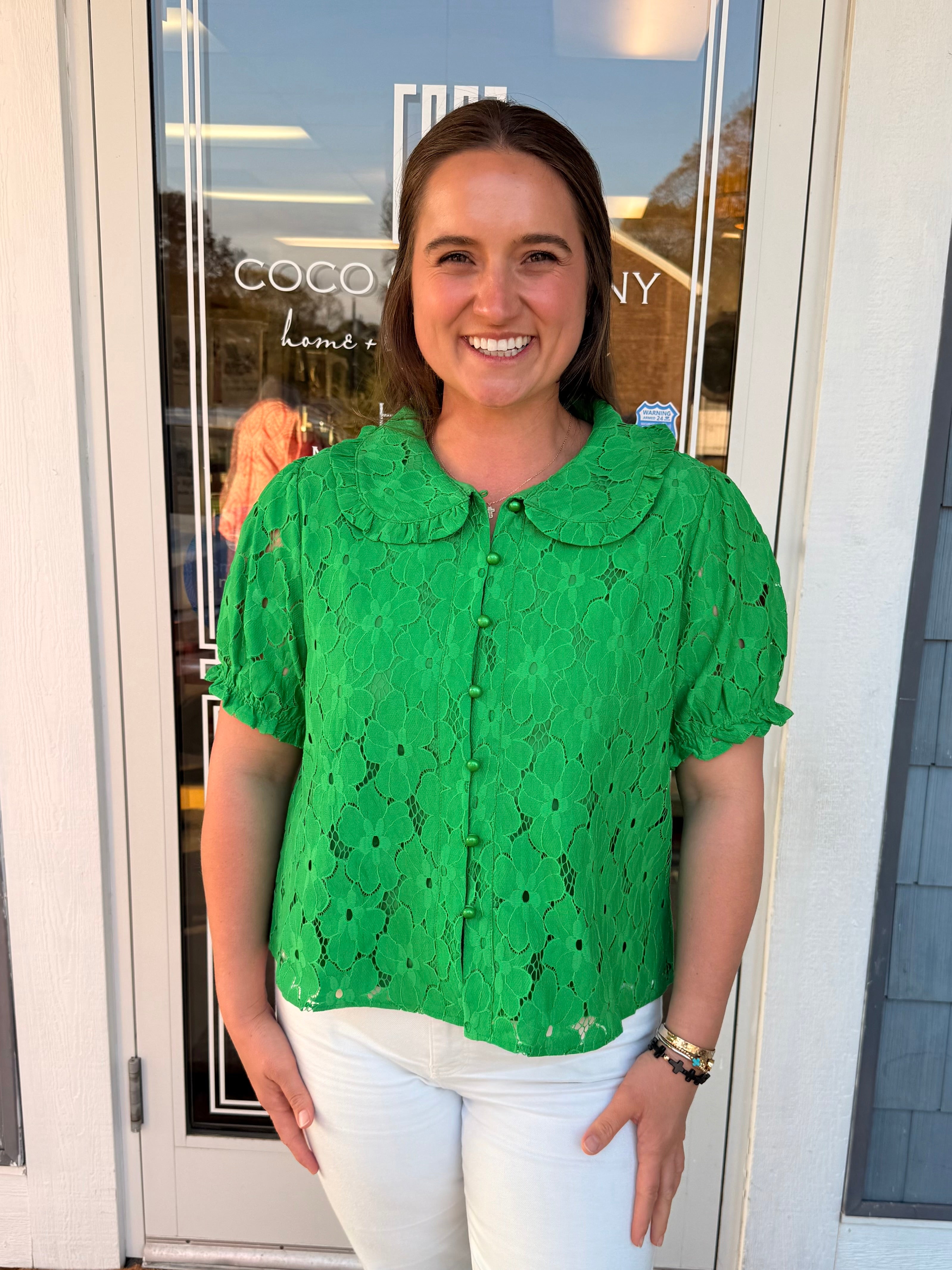 Kelly Green Peter Pan Collar Lace Top