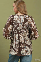 Brown Paisley Print Smocked Neck Flowy Boho Top