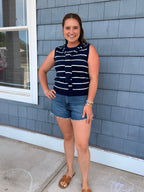 Navy & White Knit Sleeveless Attached Scarf Detail Neckline