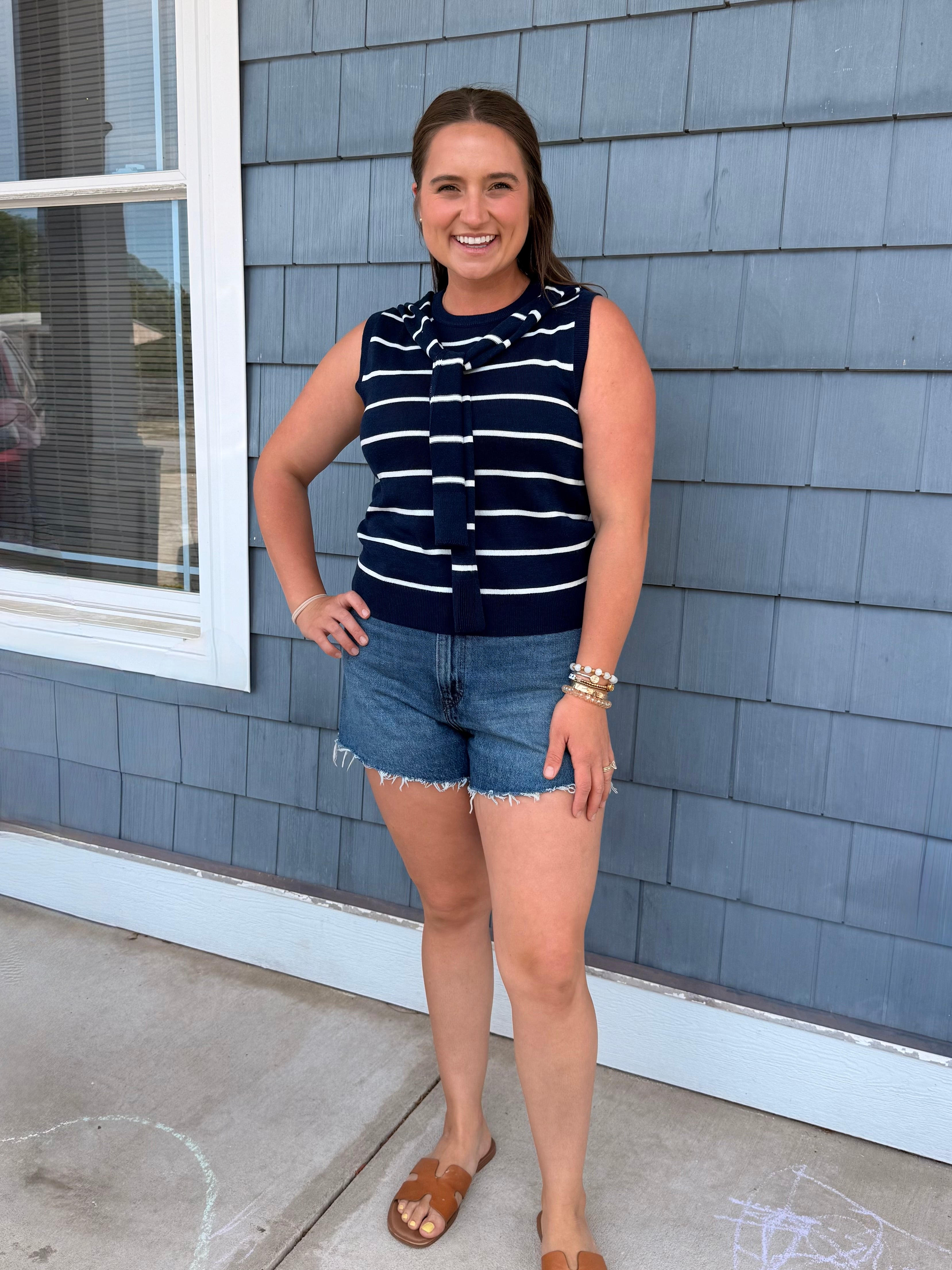 Navy & White Knit Sleeveless Attached Scarf Detail Neckline