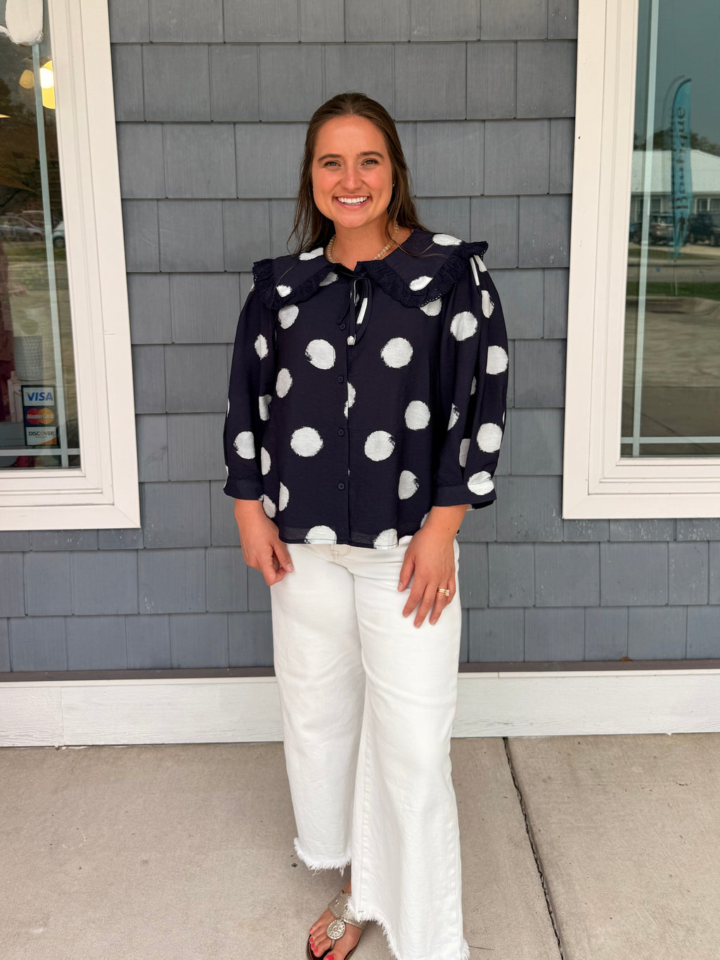 Navy Collared Polka Dot Top
