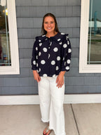 Navy Collared Polka Dot Top