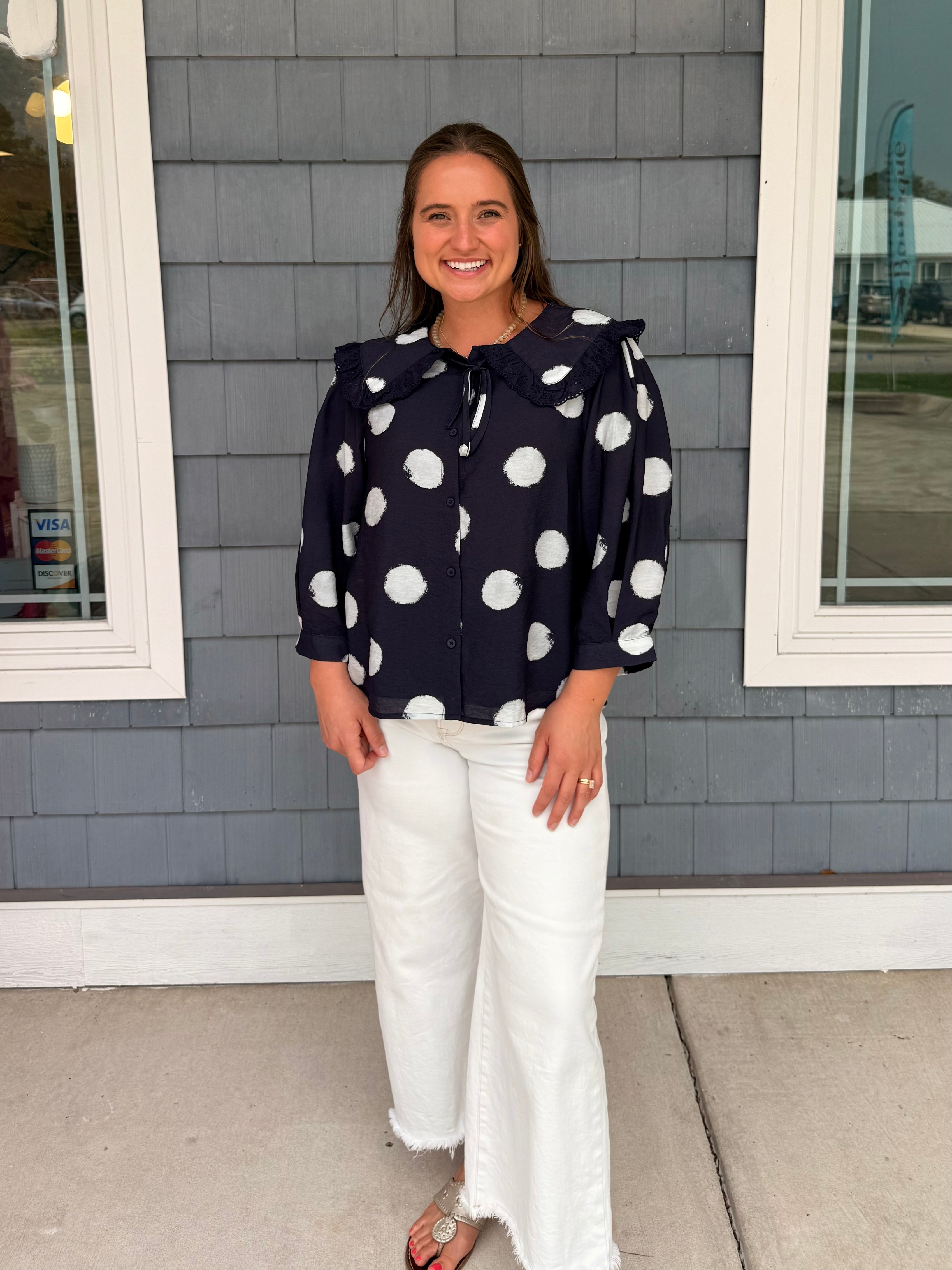 Navy Collared Polka Dot Top