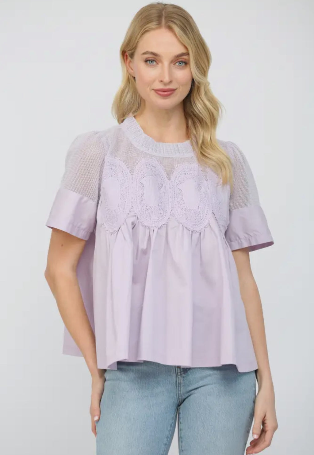 Lace Appliqué Mixed Media SS Lavender Top