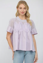 Lace Appliqué Mixed Media SS Lavender Top