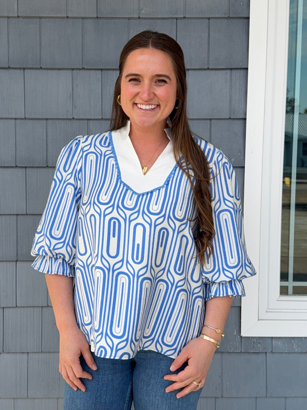 Blue Scallop Trim Geo Print Top
