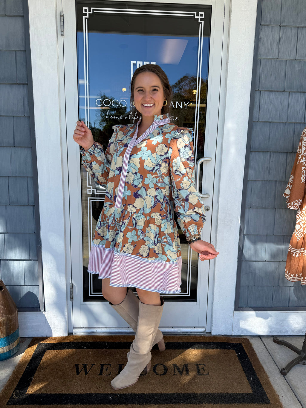 Caramel Ruffle Shoulder Floral Dress