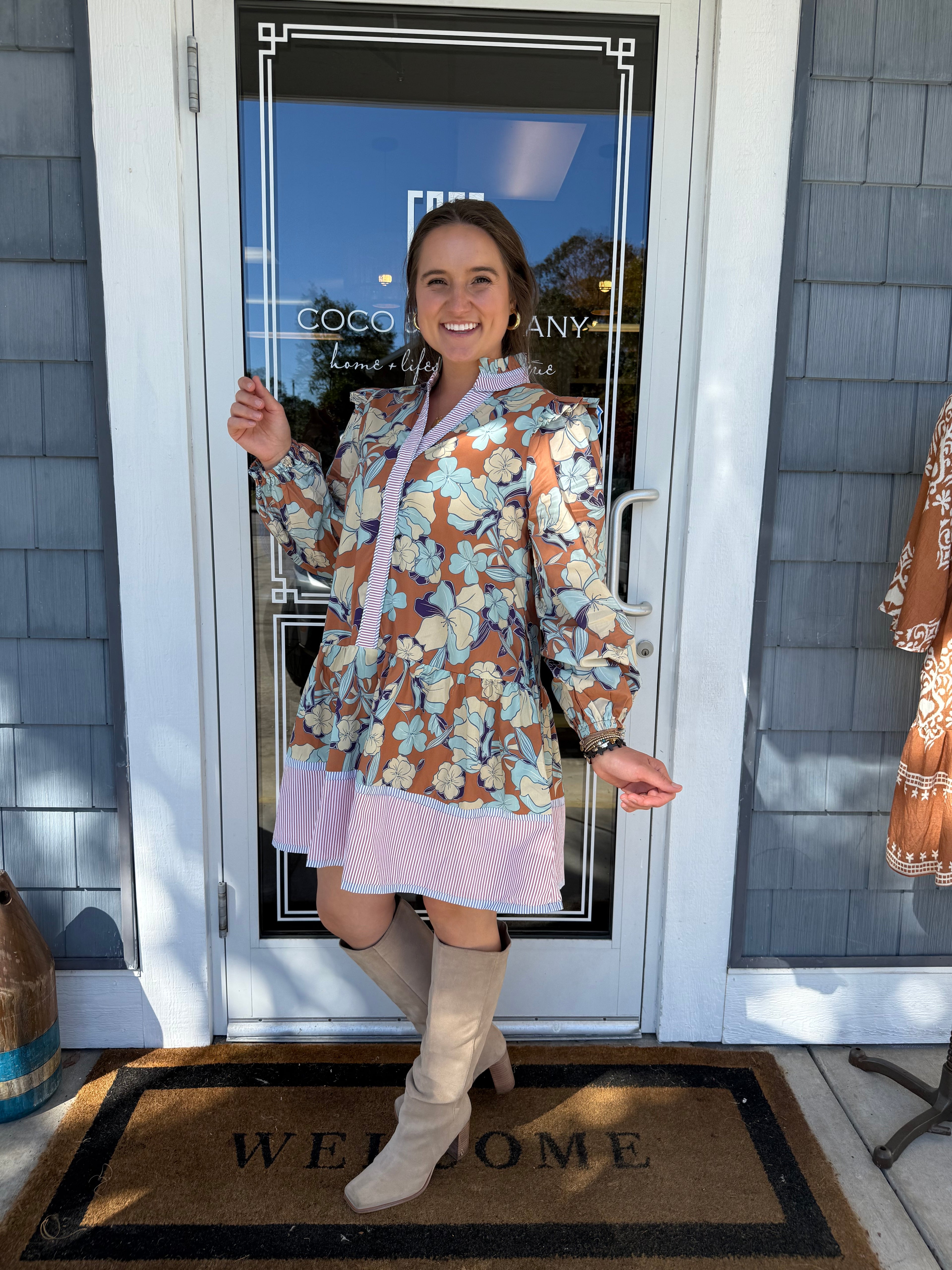 Caramel Ruffle Shoulder Floral Dress