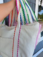 Khaki Canvas Bag With Colorful Ric Rack Trim