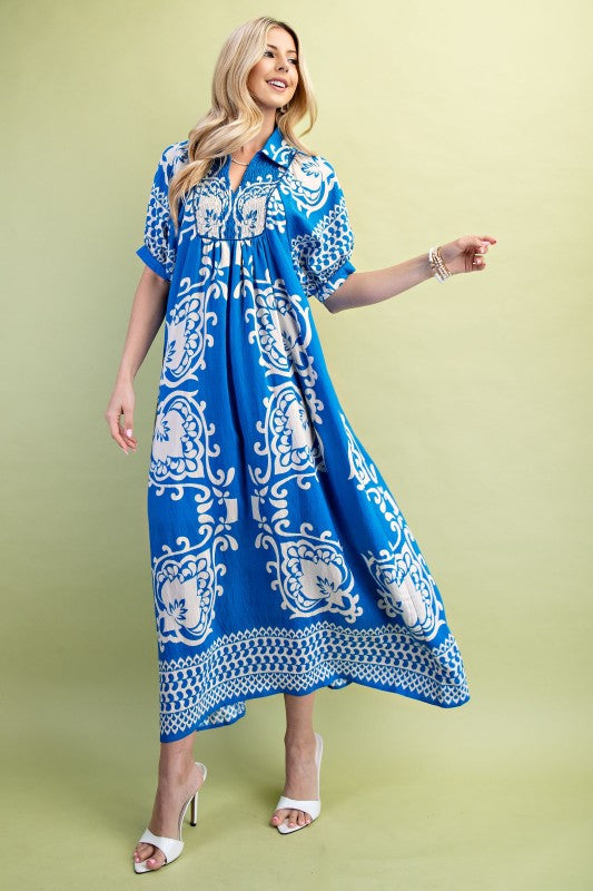 Vibrant Blue Mixed Print MIDI Dress