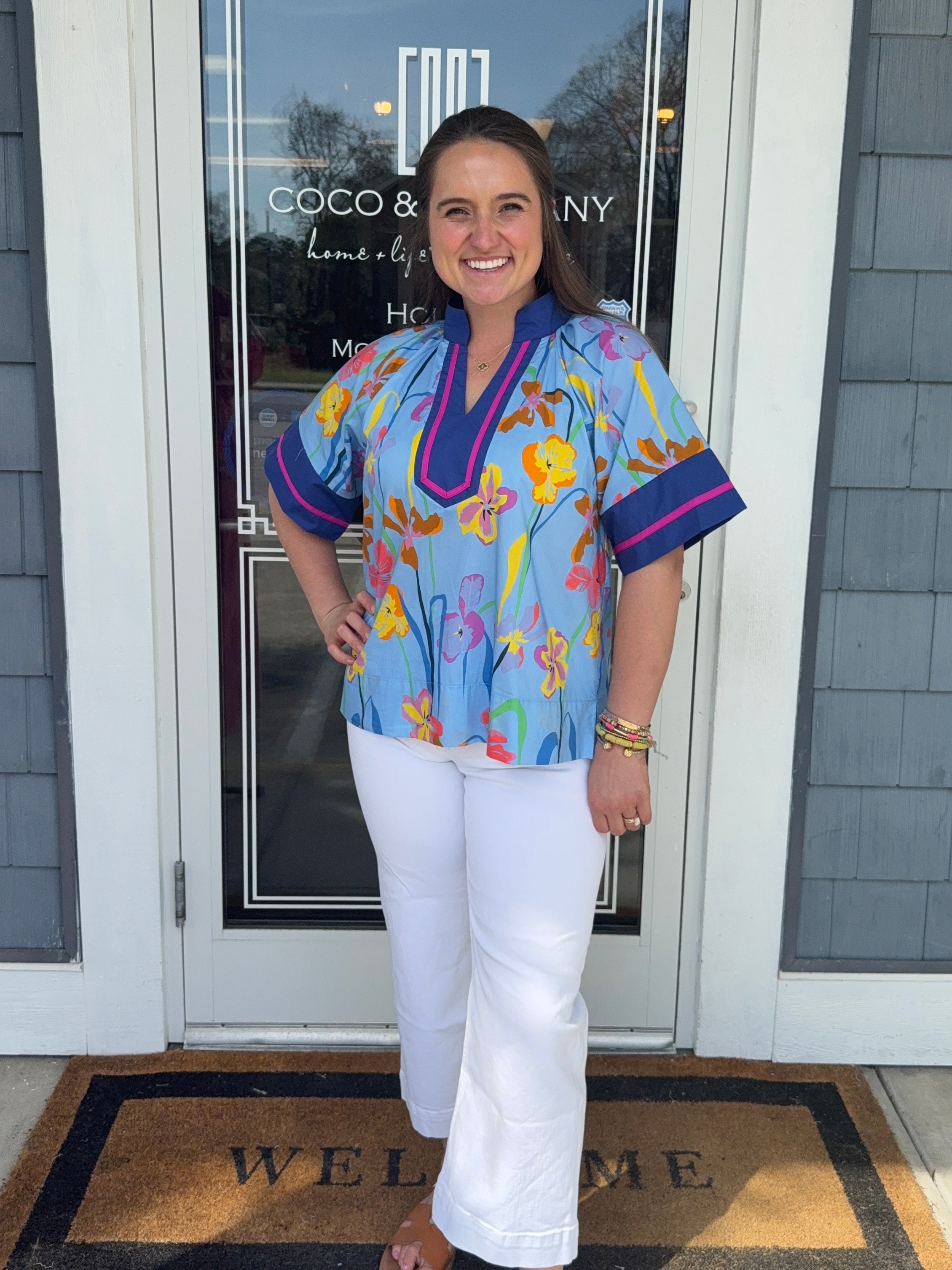 Blue Floral Contrast Detail Top