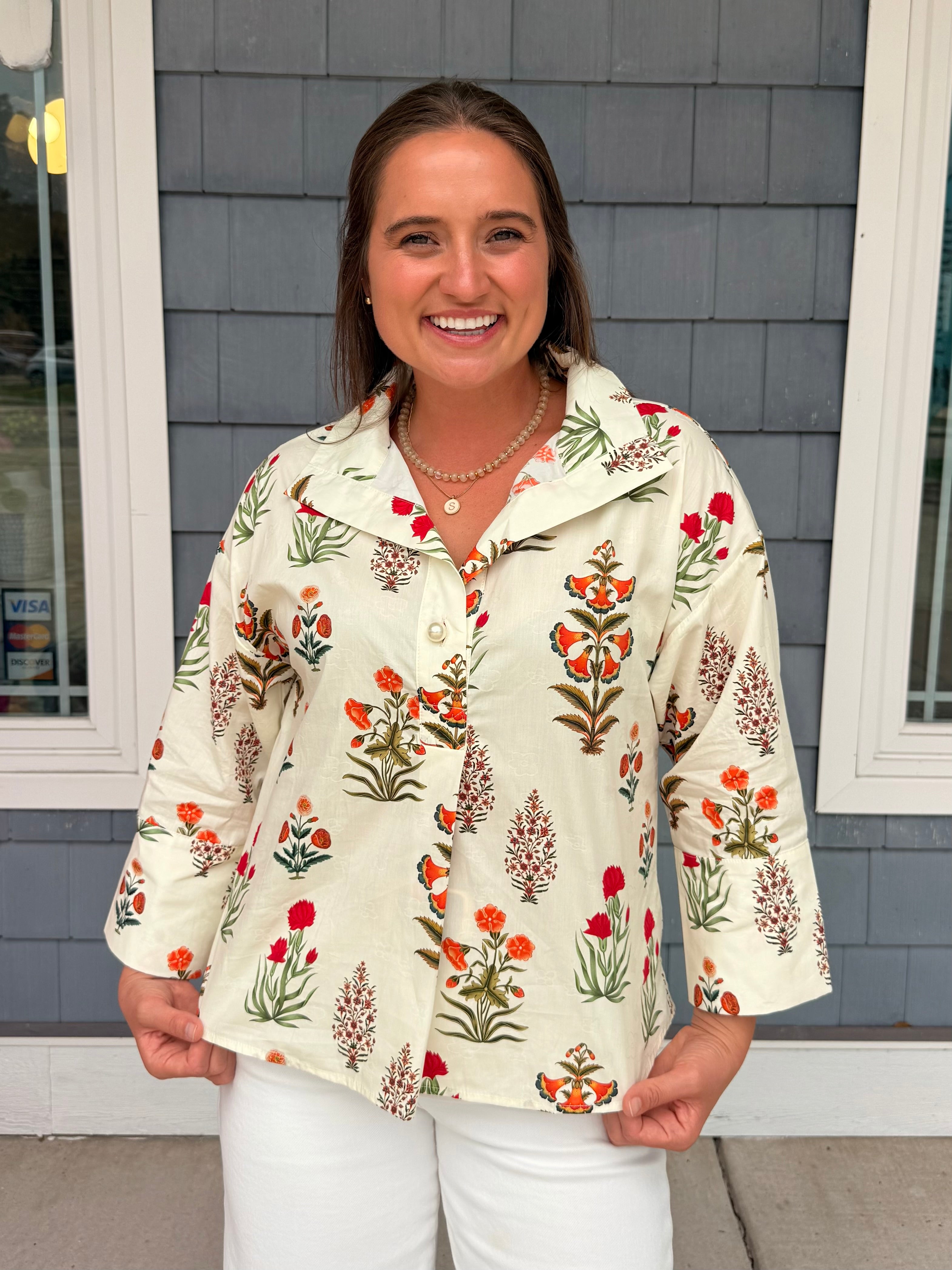Offwhite Big Pearl Button Floral Top