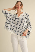Navy & Ivory Windowpane Check Knit Top- Available for shipping or pickup at COCO 9/5/25