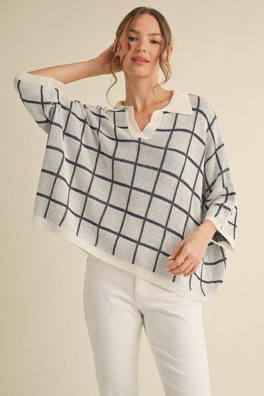 Navy & Ivory Windowpane Check Knit Top- Available for shipping or pickup at COCO 9/5/25