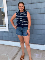 Navy & White Knit Sleeveless Attached Scarf Detail Neckline