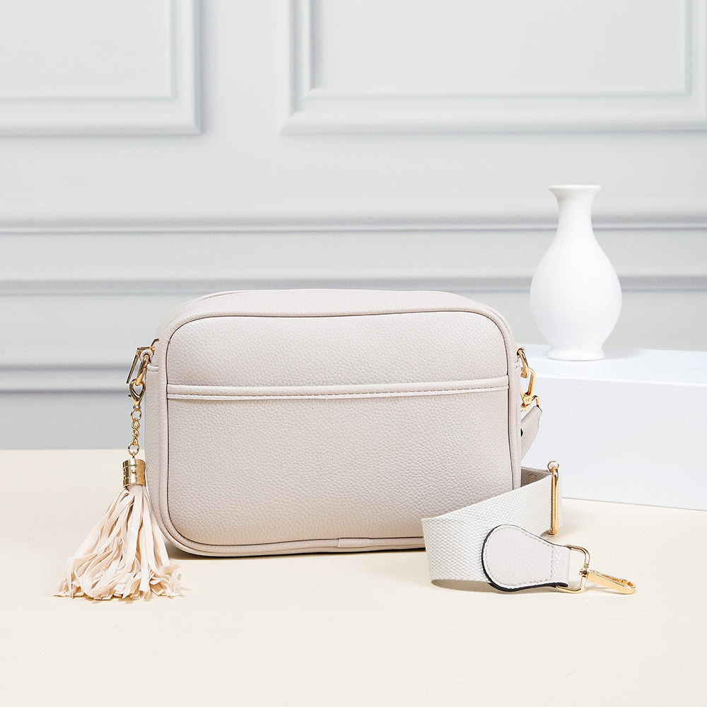Champagne Nova Vegan Leather Crossbody Bag W/ Canvas Strap