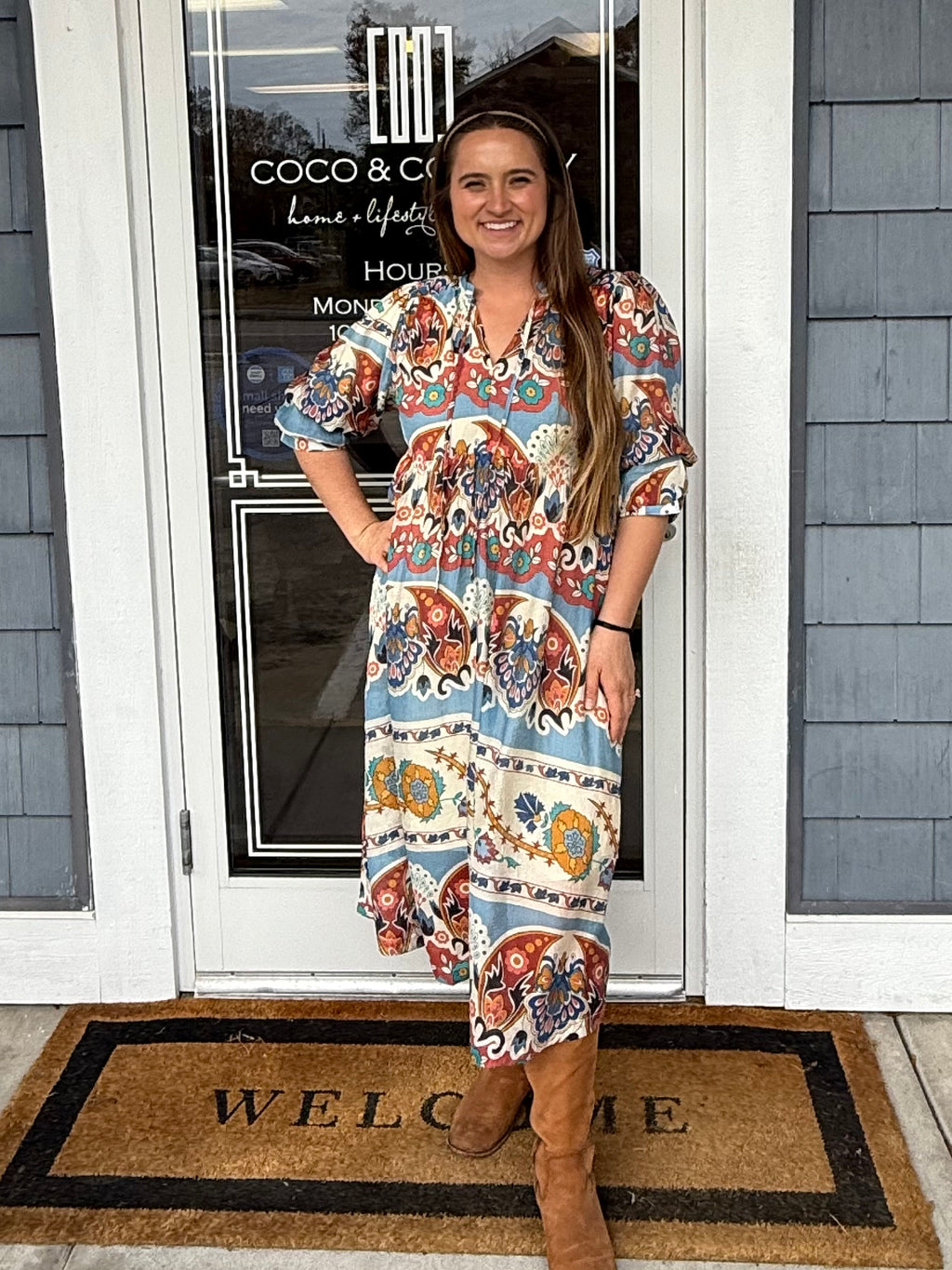 Blue Border Print MIDI Dress