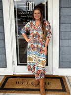 Blue Border Print MIDI Dress