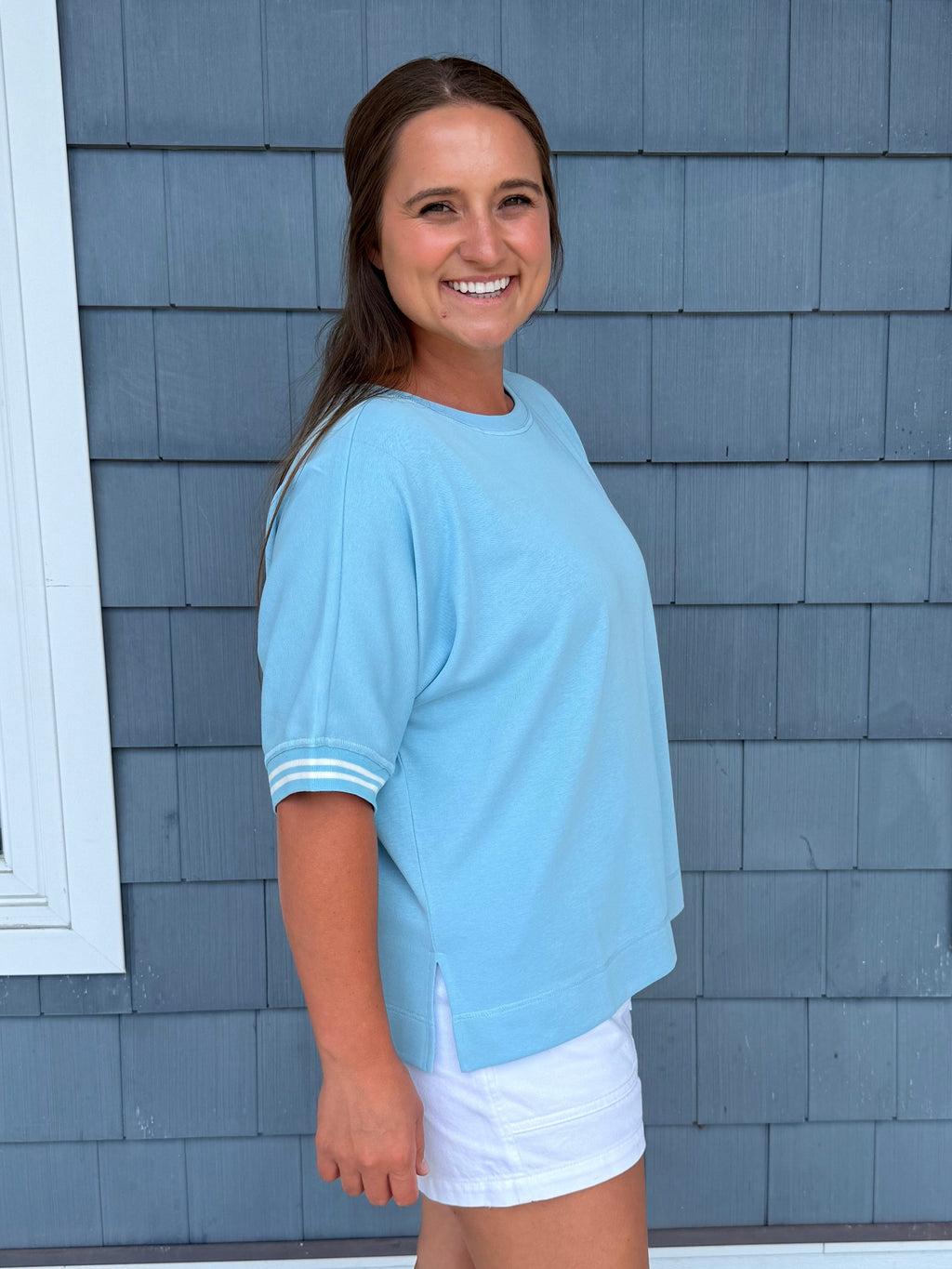 Sky Blue Round Neck Sleeve Trim Band Top